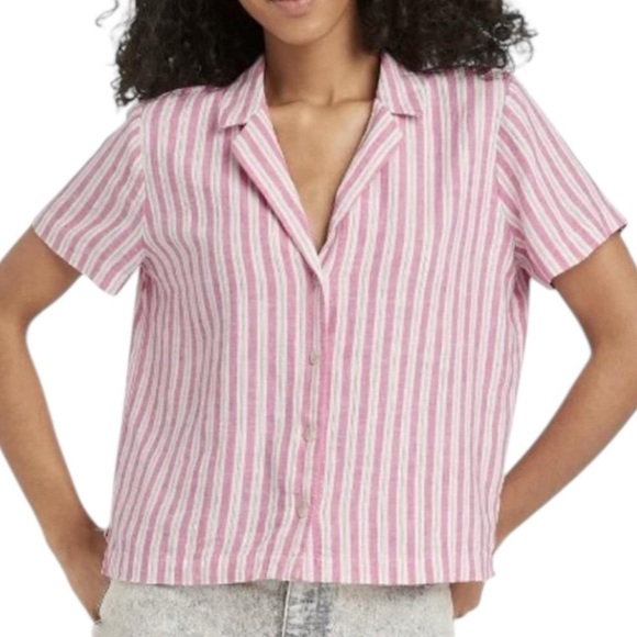 Universal Thread Tops - Universal Thread Blouse‎ Crop Boxy Button Shirt Stripe Linen pink medium